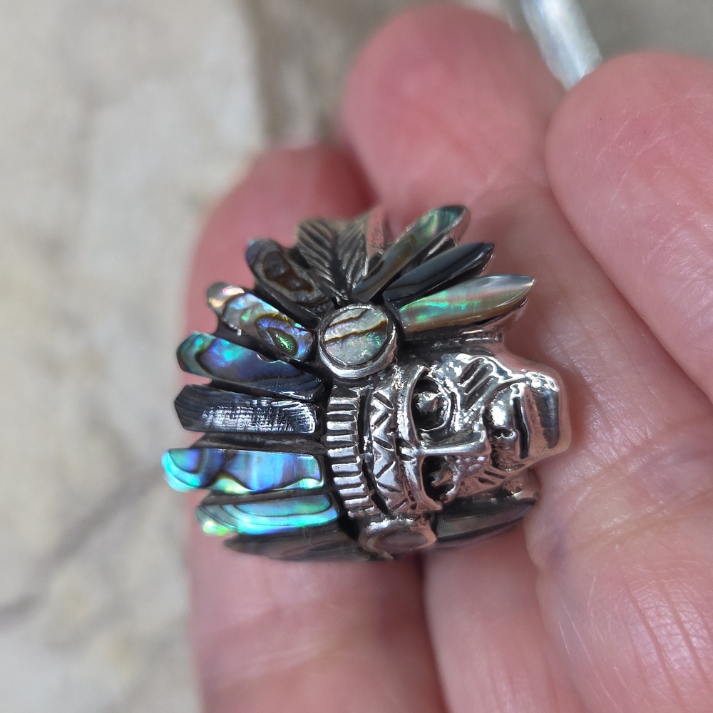 925 Sterljng Silver Abalone Native American Chief Ring - Picture 7 of 7